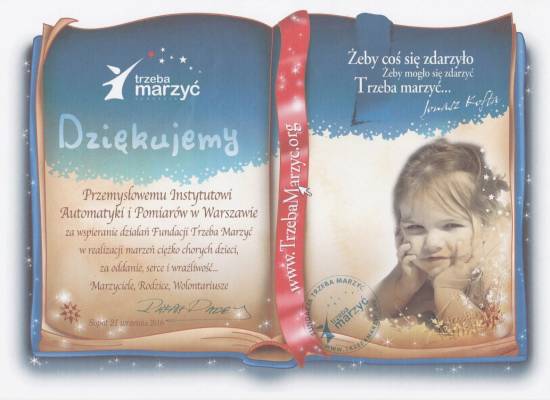 Podziękowania dla Instytutu PIAP od fundacji "Trzeba Marzyć"