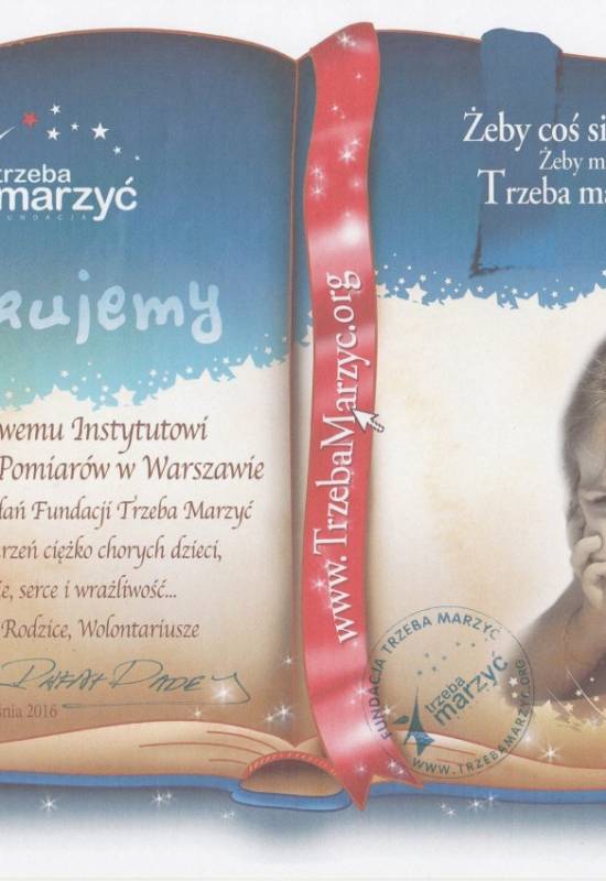 Podziękowania dla Instytutu PIAP od fundacji "Trzeba Marzyć"